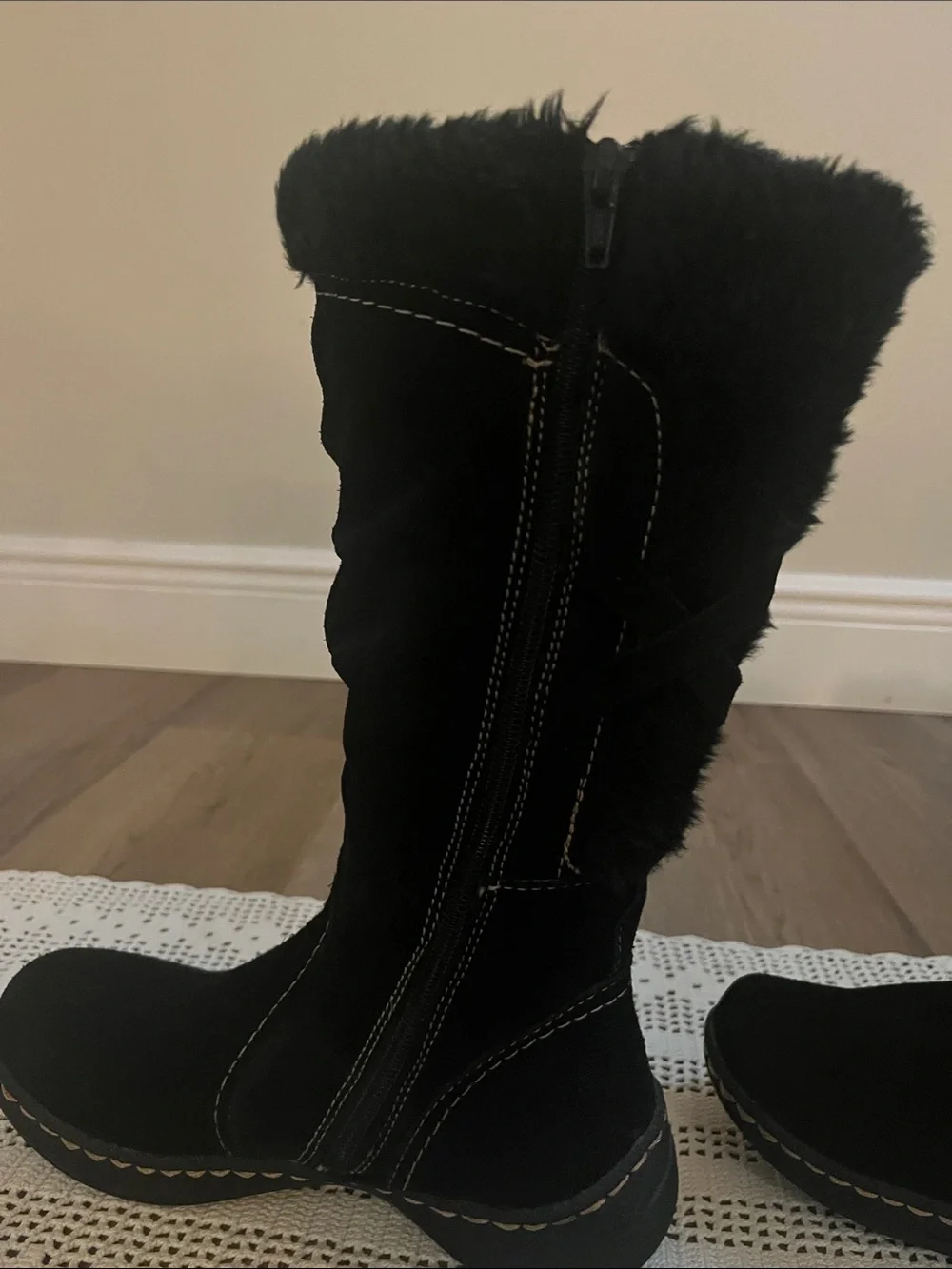 Bare Traps Black Suede Tall Winter Boots with Faux Fur Trim size 7 NWOB